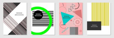 Geometrik kapak tasarımı, hazır. Memphis tarzında soyut sıradışı bir geçmiş. Rastgele sıralanmış parlak geometrik şekiller