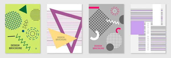 Set van cover design in Memphis stijl. Geometrische vormgeving, abstracte achtergrond. Modieuze heldere omslag, spandoek, poster, boekje. Creatieve kleuren. — Stockvector