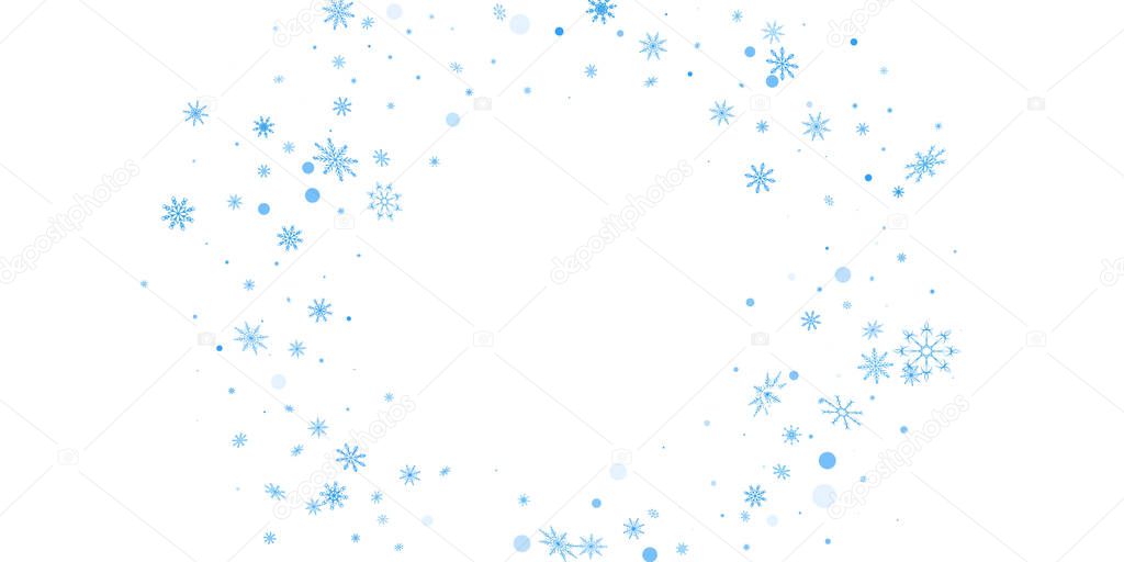 Christmas background. Blue delicate openwork snowflakes fly on a white background. Festive