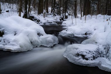 Kışın nehirde kayaların ve kayaların üzerinde buz ve kayaların üzerinde ormanın güzel doğasında vahşi suyun yumuşak bir hareketi.