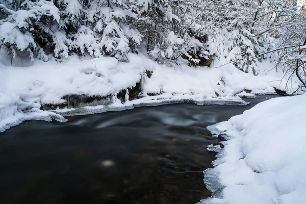 Movimiento Suave Agua Salvaje Río Invierno Con Nieve Hielo Sobre —  Fotos de Stock