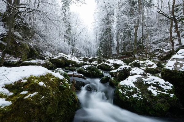 Movimento Suave Água Selvagem Rio Inverno Com Neve Gelo Rochas — Fotografia de Stock