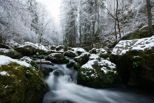 Movimento Suave Água Selvagem Rio Inverno Com Neve Gelo Rochas — Fotografia de Stock