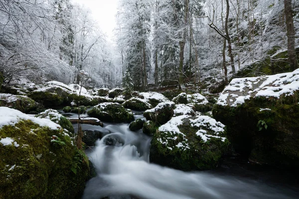 Movimento Suave Água Selvagem Rio Inverno Com Neve Gelo Rochas — Fotografia de Stock