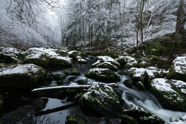 Movimento Suave Água Selvagem Rio Inverno Com Neve Gelo Rochas — Fotografia de Stock