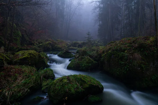 河流里的野水平缓流淌 森林的美丽自然中的岩石和石头 — 图库照片