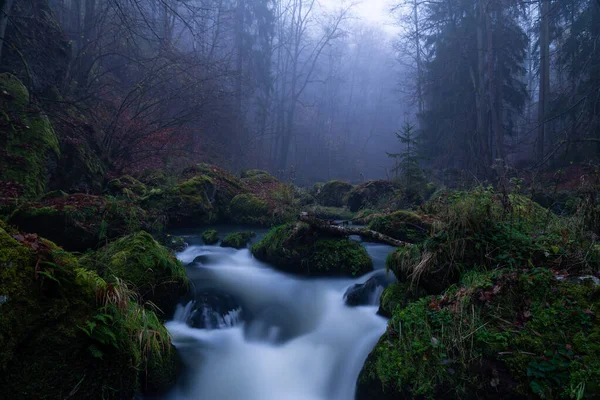 河流里的野水平缓流淌 森林的美丽自然中的岩石和石头 — 图库照片
