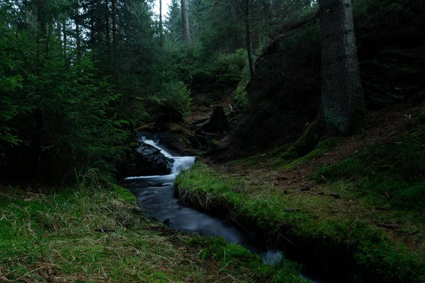 夏の川の水の動きを岩や石で滑らかに森の中の美しい自然 — ストック写真