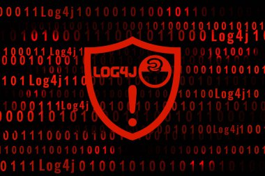 Arka planda dijital ikili kodlu uyarı işareti çizimi. Kaçış işareti. Hacker, fidye virüsü, zararlı yazılım, ddos saldırısı, log4j, siber hadise güvenlik sistemleri savunmasızlığı kötü niyetli şifreleme konsepti