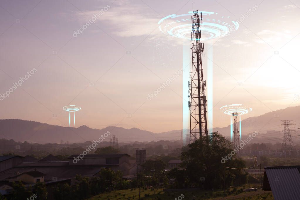 Telecommunication tower of 3G, 4G and 5G network during sunset. Technological concept in communication. Pylon, antenna, microwave and nature background..