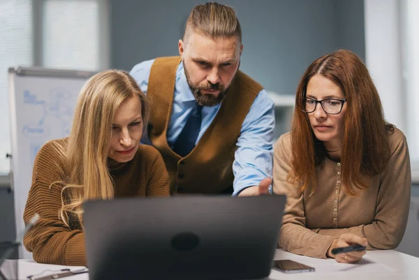 Tre kontorsarbetare som använder bärbar dator — Stockfoto