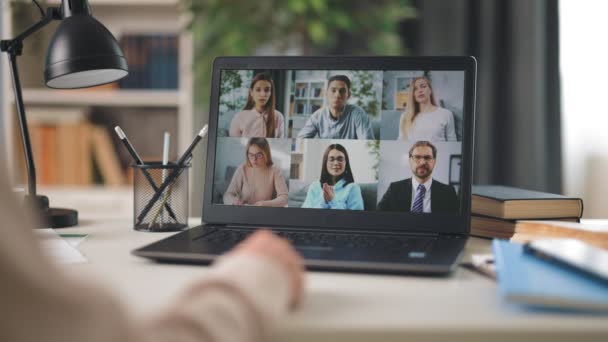 View Shoulder Woman Sitting Desk Using Modern Laptop Video Chat — стоковое видео