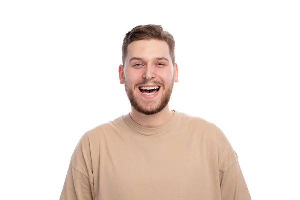 Portrait Handsome Young Man Happy Smiling Face Standing White Background — Zdjęcie stockowe