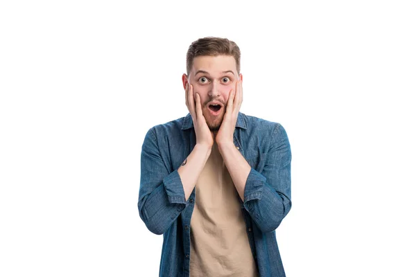 Caucasian Young Man Dropped Jaw Wide Opened Eyes Posing Bright — Stok fotoğraf