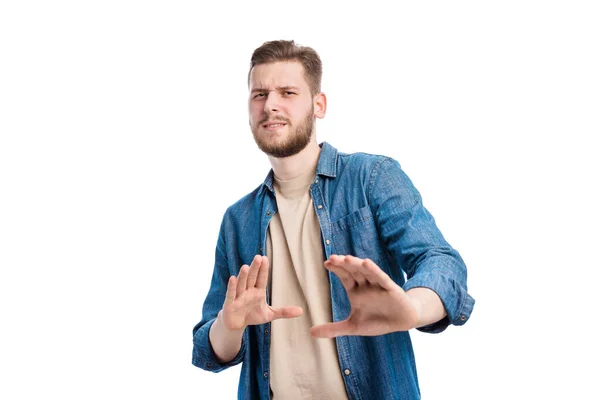 Serious Dissatisfied Man Denial Facial Expression Making Stop Gesture Showing — Stock Photo, Image