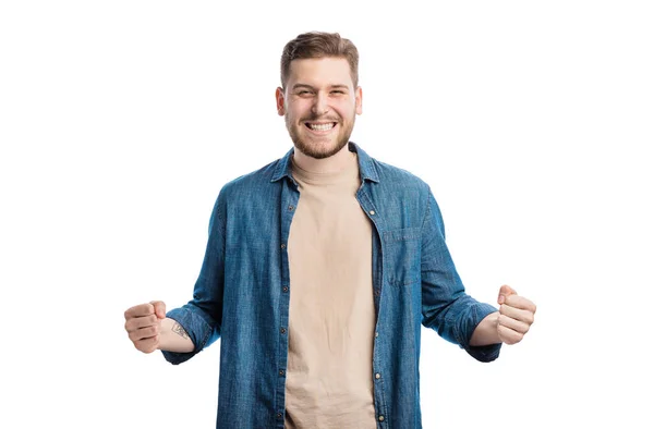 Happy Excited Man Standing Victory Position White Studio Background Handsome — Foto de Stock