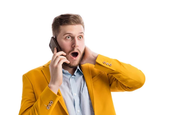 Amazed Male Dropping Jaw Surprise Wonder Phone Conversation Scared Guy — Stok fotoğraf