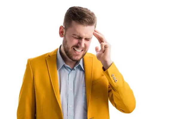 Exhausted Man Suffering Strong Migraine Nervous Tension Frustrated Male Feeling — Stok fotoğraf