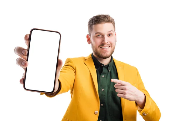 Πορτρέτο Του Ενθουσιασμένοι Καυκάσιος Αρσενικό Εκμετάλλευση Σύγχρονο Smartphone Λευκή Οθόνη — Φωτογραφία Αρχείου