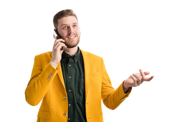Young Handsome Businessman Speaking Smartphone Happy Facial Expression Studio Attractive — Stok fotoğraf