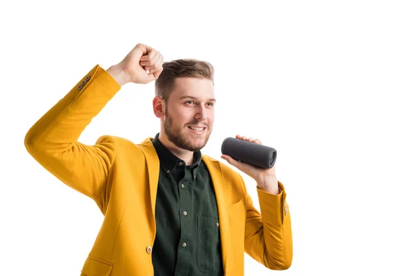 Joven Sonriente Escuchando Música Con Boombox Moderno Mano Sobre Fondo —  Fotos de Stock