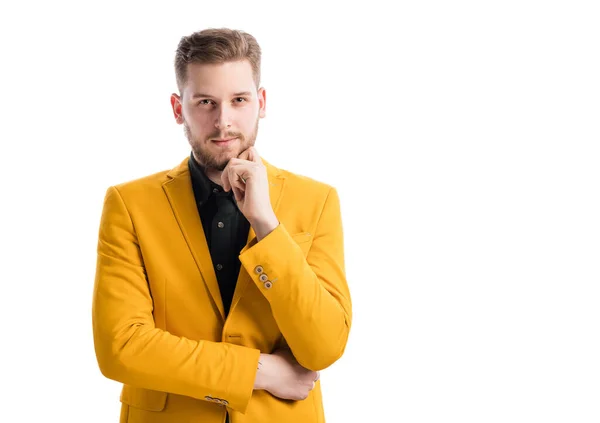 Elegant Handsome Man Stylish Orange Jacket Thoughtful Facial Expression Standing — Foto de Stock