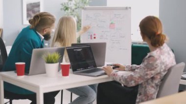 Bir grup odaklanmış erkek ve kadın yönetici dizüstü bilgisayarlarıyla ofiste yeni iş fikirleri üzerinde kafa patlatıyorlar. Grafikler ve grafikler arkaplanda dururken döndür.