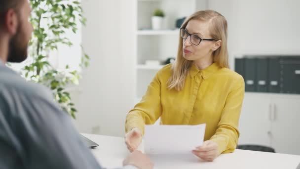 Young Man Hired New Job Successful Interview Office Boss Woman — Vídeos de Stock