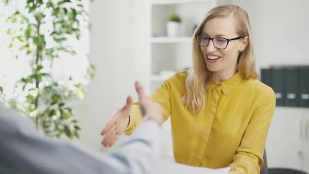 Young Man Hired New Job Successful Interview Office Boss Woman — Video Stock