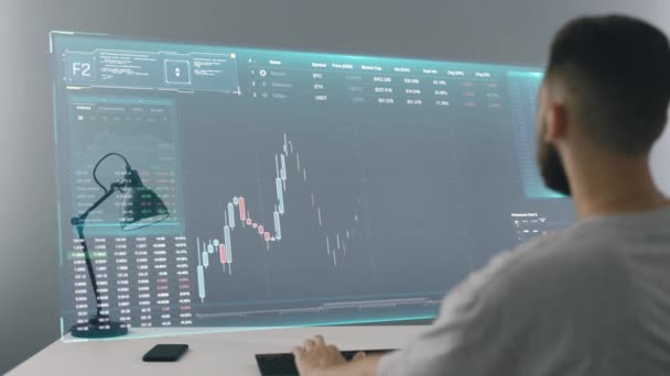 Futuristic Concept Crypto Trader Man Using Hologram Screen Stock Data — Vídeo de Stock