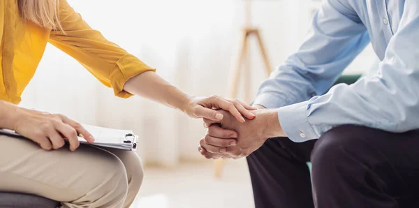 Medical Doctor Woman Psychologist Touch Hand Patient Man Health Care — Stok fotoğraf