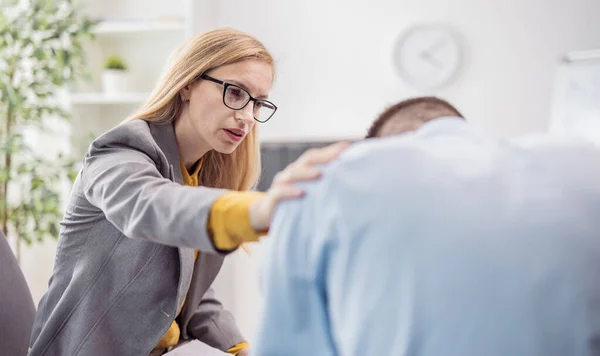 Mature Woman Psychologist Doctor Encourages Male Patient Support Mental Health —  Fotos de Stock