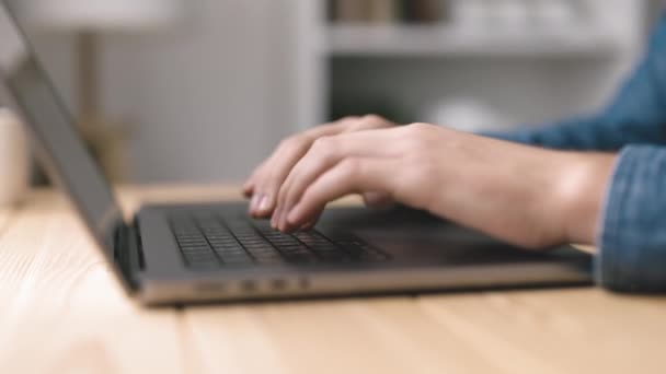 Man Denim Shirt Typing Laptop Close View Coder Hands Writing — Stock Video