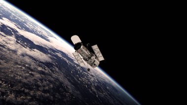 Hubble Teleskobu 'nu web makaleleri, posterler vs. için yeryüzünün arka planına karşı tasvir eden 3D illüstrasyon.