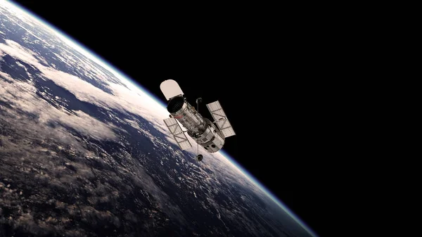 Hubble Teleskobu 'nu web makaleleri, posterler vs. için yeryüzünün arka planına karşı tasvir eden 3D illüstrasyon.