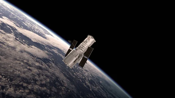 Hubble Teleskobu 'nu web makaleleri, posterler vs. için yeryüzünün arka planına karşı tasvir eden 3D illüstrasyon.