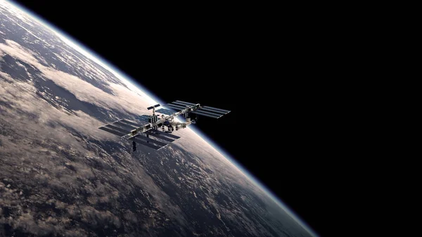 Web makaleleri, posterler vs. için arka planda Dünya gezegeni olan Uluslararası Uzay İstasyonu 'nu tasvir eden 3D illüstrasyon.