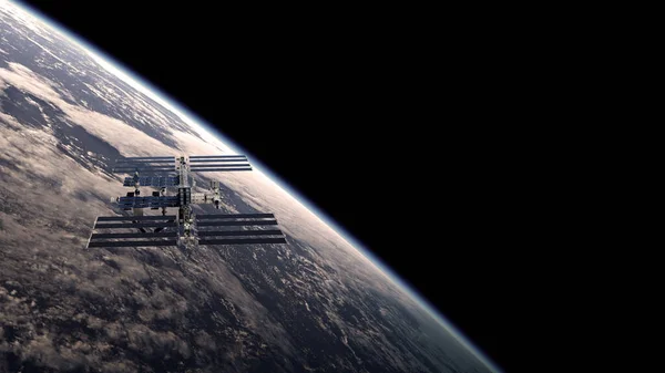 以地球为背景的国际空间站三维图像 用于网络文章 海报等 — 图库照片