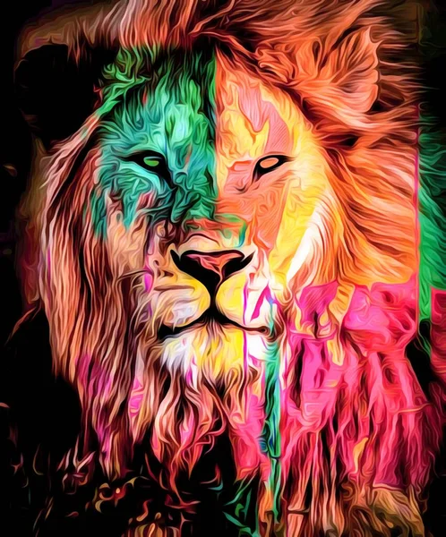 Colorful illustration of a wild lion head with long hair in darkness,background wallpaper image, digital illustration of lion wallpaper