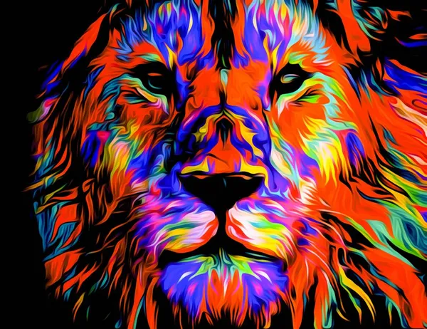 Colorful illustration of a wild lion head with long hair in darkness,background wallpaper image, digital illustration of lion wallpaper