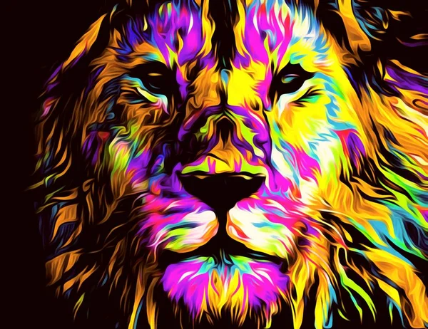 Colorful illustration of a wild lion head with long hair in darkness,background wallpaper image, digital illustration of lion wallpaper