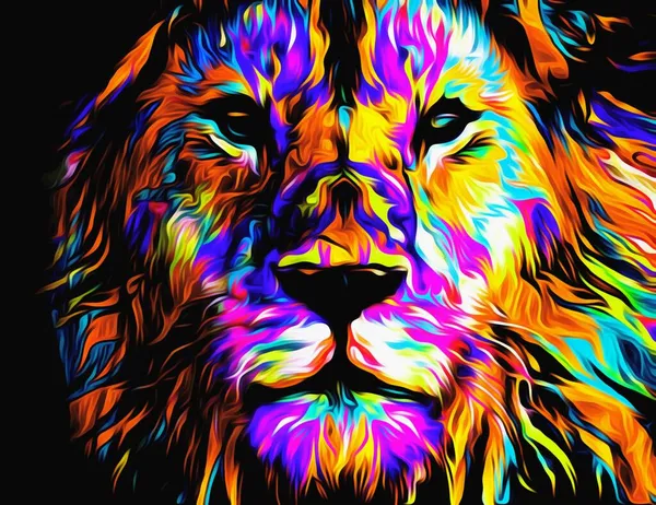 Colorful Illustration Wild Lion Head Long Hair Darkness Background Wallpaper — Stock Photo, Image