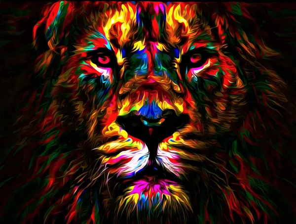 暗闇の中で長い髪を持つ野生のライオンの頭のカラフルなイラスト 背景壁紙画像 ライオンの壁紙のデジタルイラスト — ストック写真
