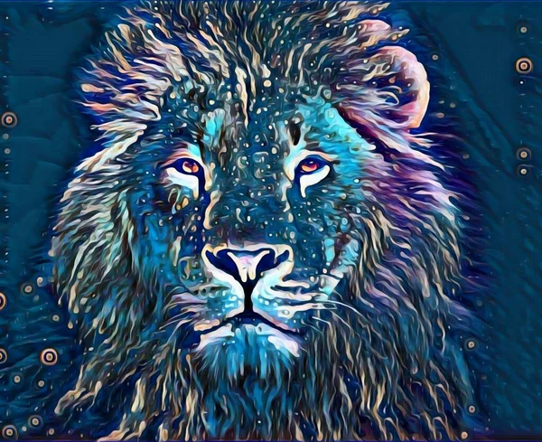 Ilustração Colorida Uma Cabeça Leão Selvagem Com Cabelos Longos Escuridão — Fotografia de Stock