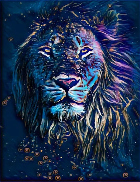 Πολύχρωμη Απεικόνιση Ενός Άγριου Κεφαλιού Λιονταριού Μακριά Μαλλιά Στο Σκοτάδι — Φωτογραφία Αρχείου
