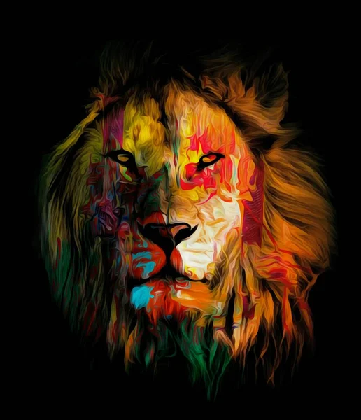 Bunte Illustration Eines Wilden Löwenkopfes Mit Langen Haaren Der Dunkelheit — Stockfoto