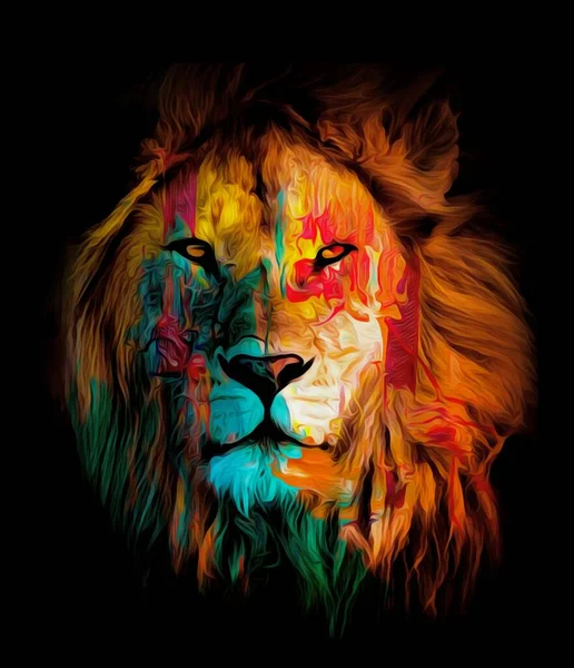 暗闇の中で長い髪を持つ野生のライオンの頭のカラフルなイラスト 背景壁紙画像 ライオンの壁紙のデジタルイラスト — ストック写真
