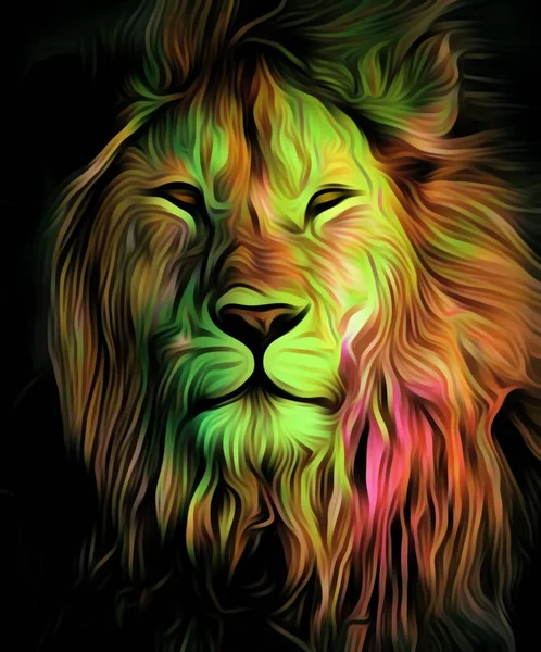 Barevná Ilustrace Divoké Lví Hlavy Dlouhými Vlasy Tmě Pozadí Tapety — Stock fotografie