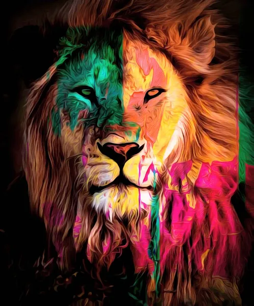 Colorful illustration of a wild lion head with long hair in darkness,background wallpaper image, digital illustration of lion wallpaper