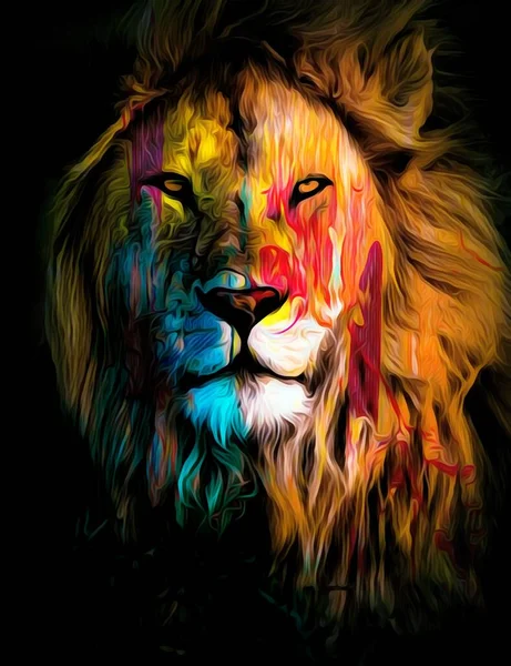Colorful illustration of a wild lion head with long hair in darkness,background wallpaper image, digital illustration of lion wallpaper